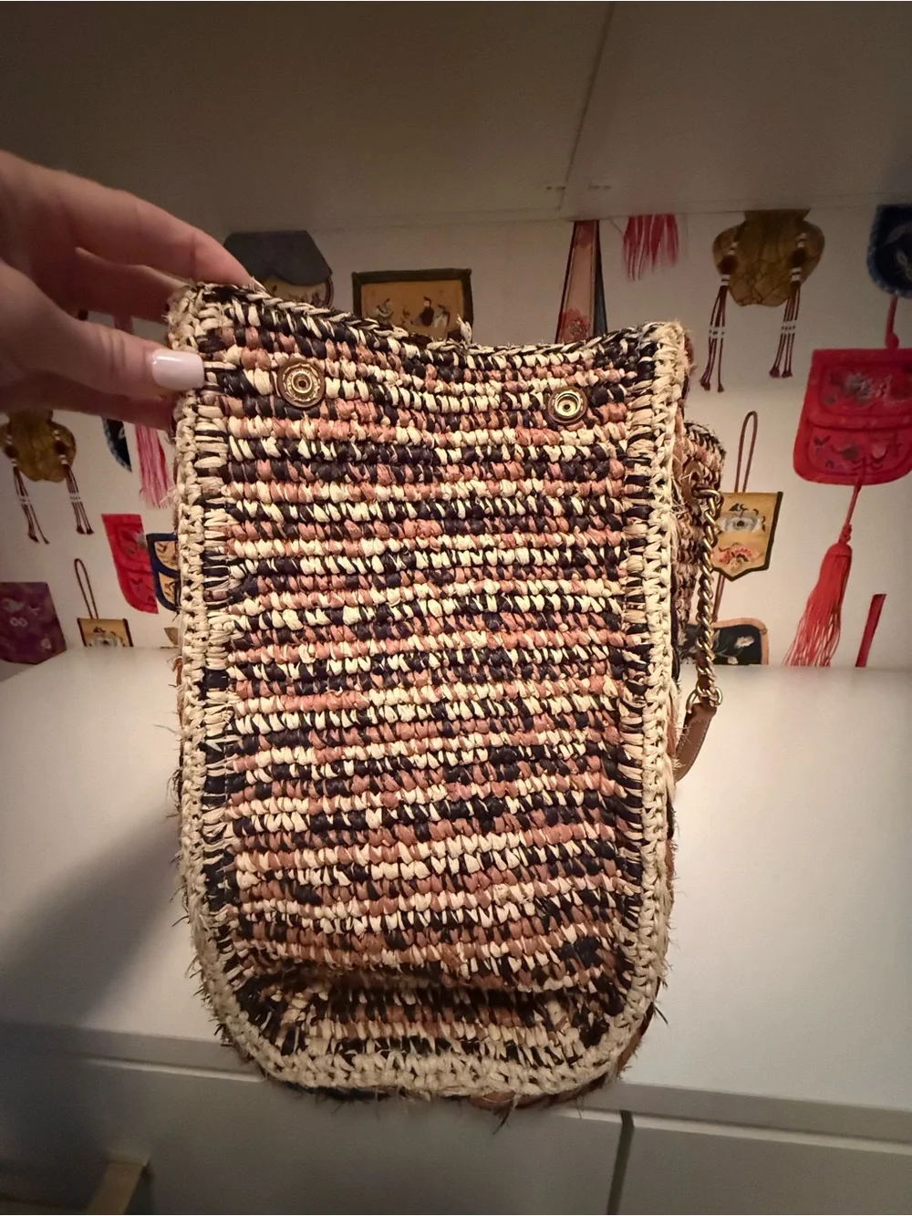 Tory Burch Braided Raffia Multicolor Tote with Gold Chain Handles